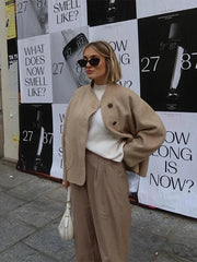 Aiertu  -  Women Solid Blends Bomber Coat Fashion Loose Single Breasted Long Sleeve Pockets Female Jackets 2026 Chic Lady Commuter Coats Aiertu