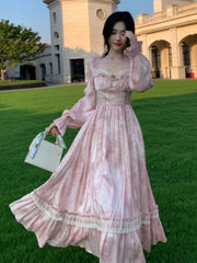 Aiertu  -  Elegant Sweet Pink Print Midi Dresses for Women Flower Square Collar Lantern Sleeve Lace Patchwork Long Dress Autumn Party Robe Aiertu