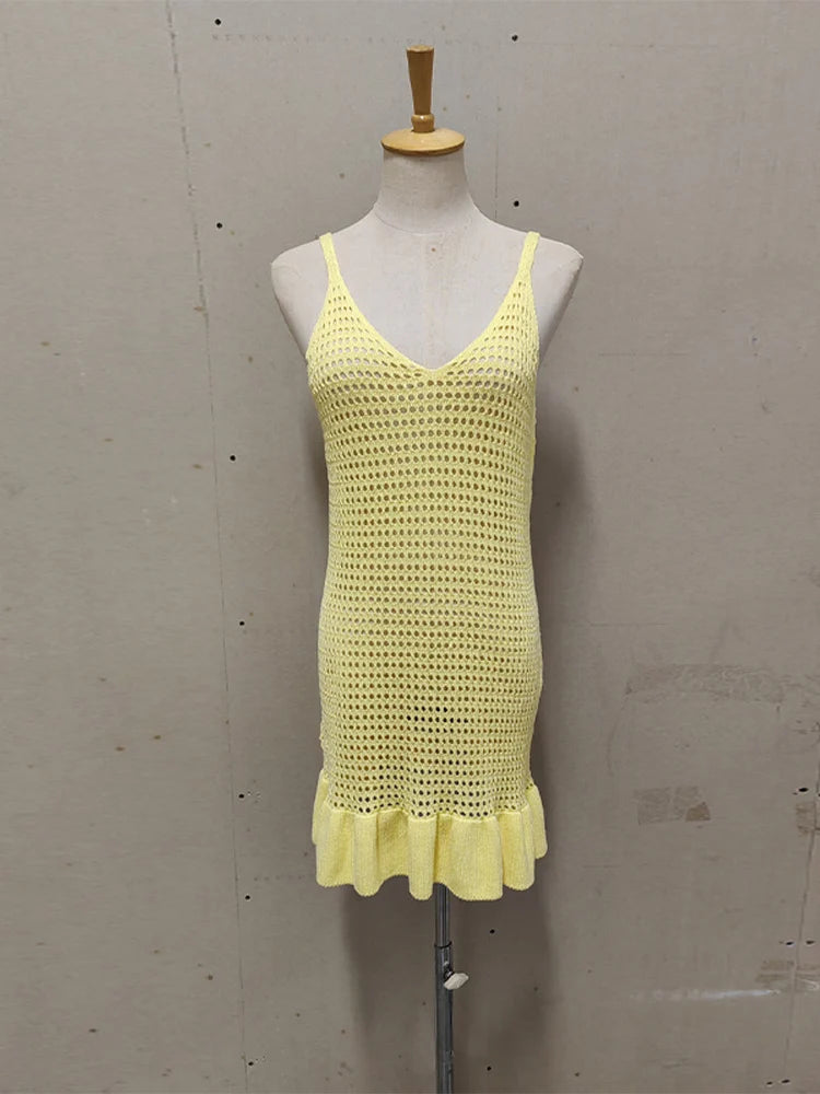 Aiertu  -  Casual Knit Hollow Out Dress Women V-neck Sling Sleeveless Backless Ruffle Hem Mini Dresses Female 2025 Spring Summer Lady Gown Aiertu