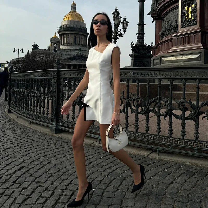 Aiertu  -  New Satin Tank Dress For Women Skew Collar Fashion Bow Split Elegant Evening Party Short Dress Sleeveless Bodycon Outfits Aiertu