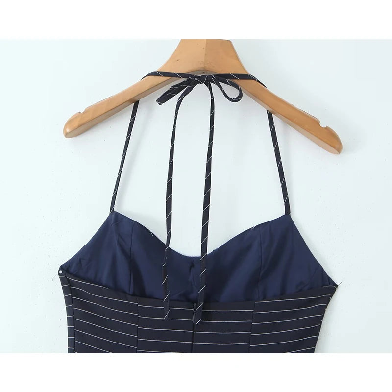 Aiertu  -  Sexy Elegant Women Navy Blue Striped Halter Mini Dress Summer Female Backless Low Waist A-line Party Dresses High Street Robe Aiertu