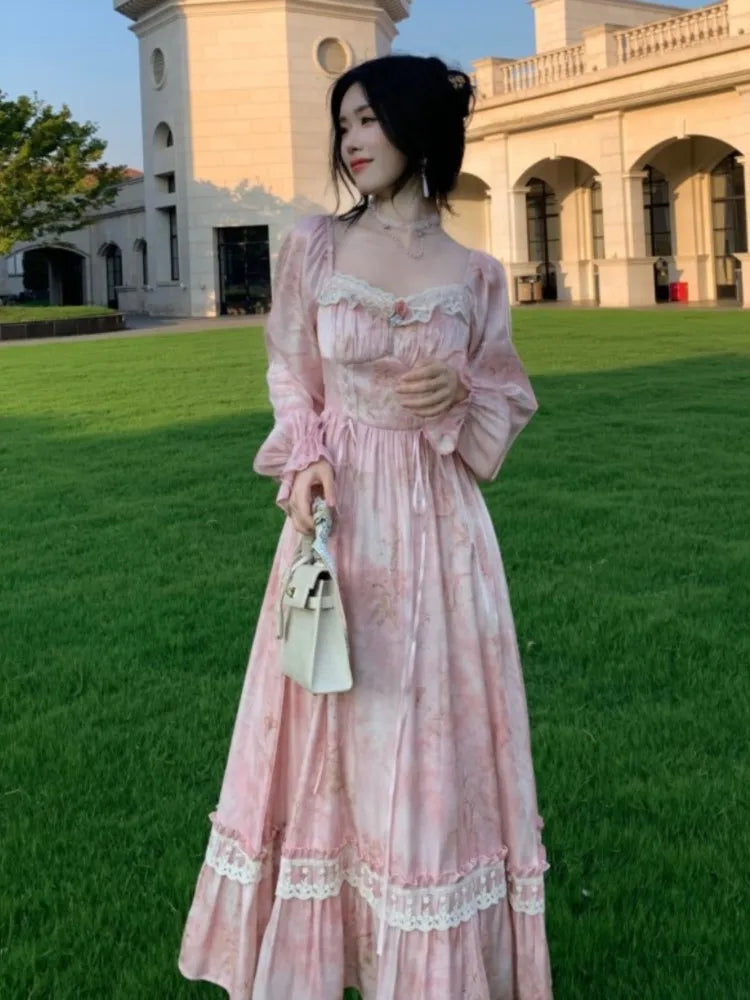 Aiertu  -  Elegant Sweet Pink Print Midi Dresses for Women Flower Square Collar Lantern Sleeve Lace Patchwork Long Dress Autumn Party Robe Aiertu
