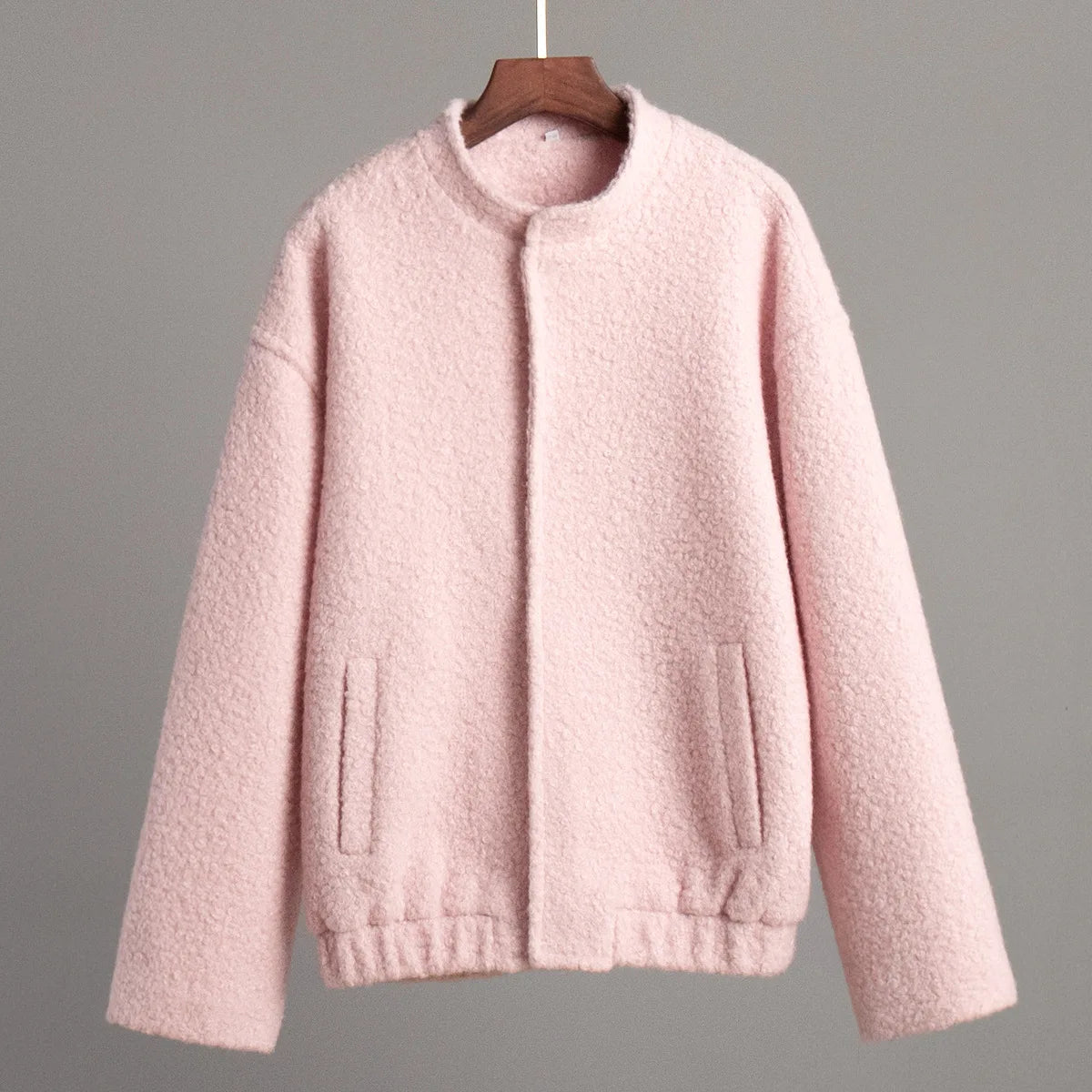 Aiertu  -  Casual Fashion Style Women's Pink Fleece Thick Warm Jackets Simple Elegant Stand Collar Long Sleeve Pockets Loose Fit Coats Aiertu
