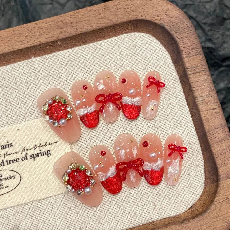 Aiertu 10Pcs Pink Handmade Press on Nails Full Cover Bow Tie Rhinestone Design French Almond Fake Nails Wearable Manicure Nail Tips Art Aiertu
