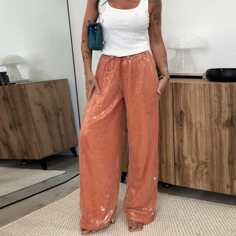 Aiertu  Loose Solid Color Sequin Pants Woman Cinched Waist Glitter Straight Baggy Long Pants Casual Street Chic Sparkle Women's Trousers Aiertu