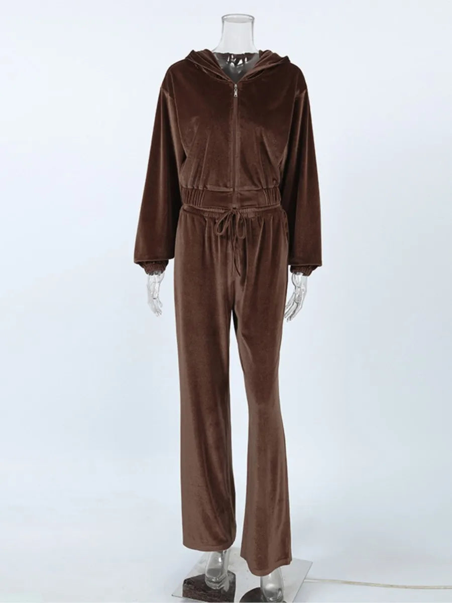 Aiertu  -   Velvet Solid Cropped Jacket Women Autumn Long Sleeve Zipper Hoodies Outerwear+Drawstring Pants Vintage Fashion Sport 2 Piece Set Aiertu