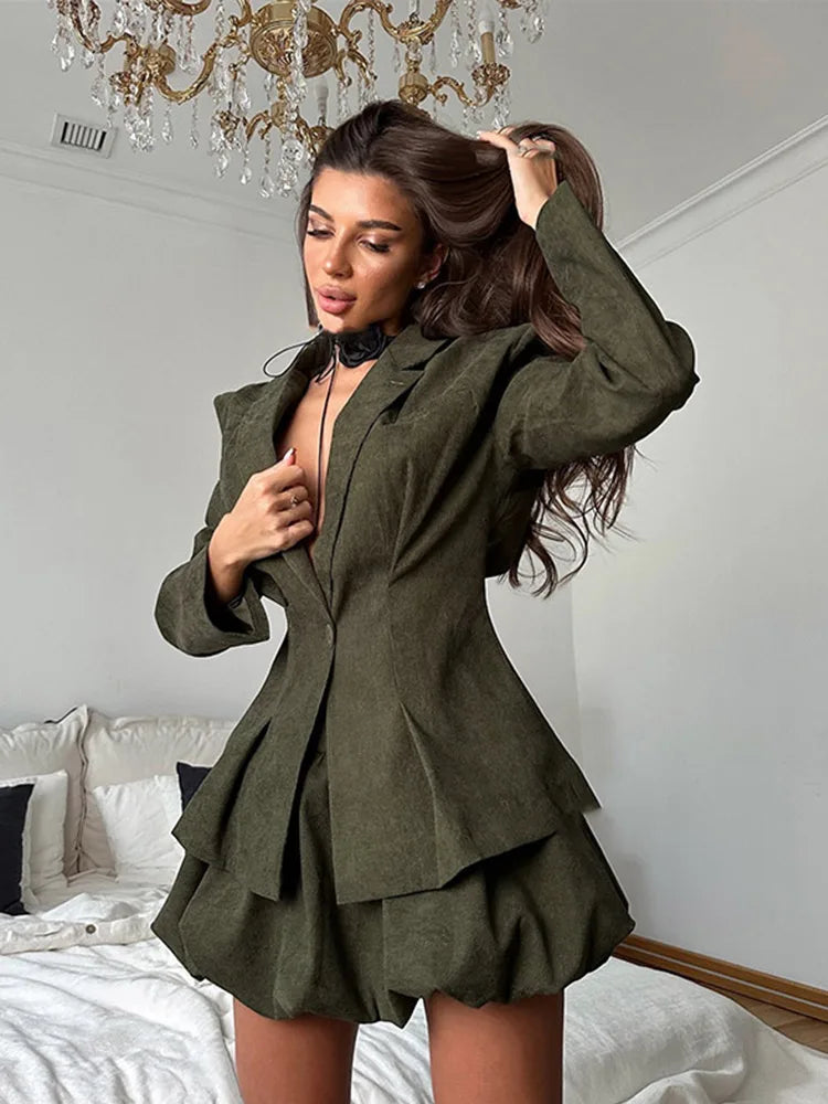 Aiertu  Elegant Jacket Skirt Sets Woman Fashion Deep V Long Sleeve Single Button Slim Blazer Mini Flower Bud Skirts Lady 2 Piece Set Aiertu