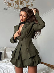 Aiertu  Elegant Jacket Skirt Sets Woman Fashion Deep V Long Sleeve Single Button Slim Blazer Mini Flower Bud Skirts Lady 2 Piece Set Aiertu