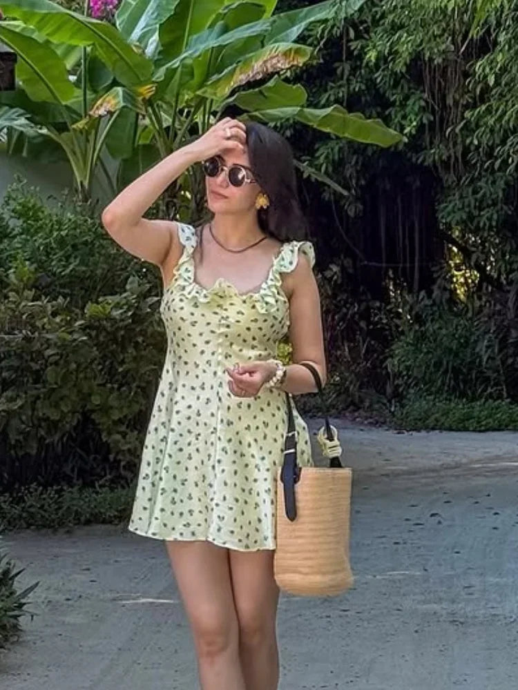 Aiertu  -  Women's Floral Print Mini Dresses 2026 Summer Sleeveless U Neck Ruffled Hem Vacation Outfit Light Green Leaf Elegant Party Dress Aiertu