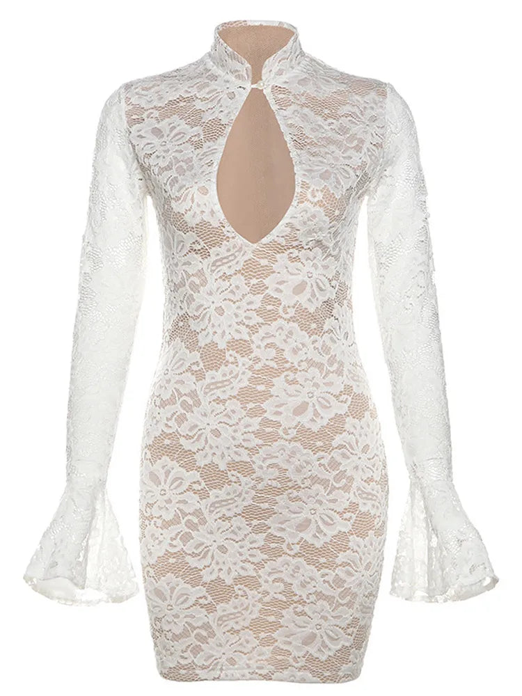 Aiertu  -  Sexy Knit Lace Hollow Out Mini Dress Elegant Stand Neck Flare Long Sleeve Slim Dresses Fashion Lady Party Club Evening Vestidos Aiertu