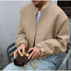 Aiertu  -  Casual Short Bomber Coats Women Loose O-neck Long Sleeve Single Breasted Jacket 2026 Autumn New Lady Vintage Solid Tops Outwear Aiertu