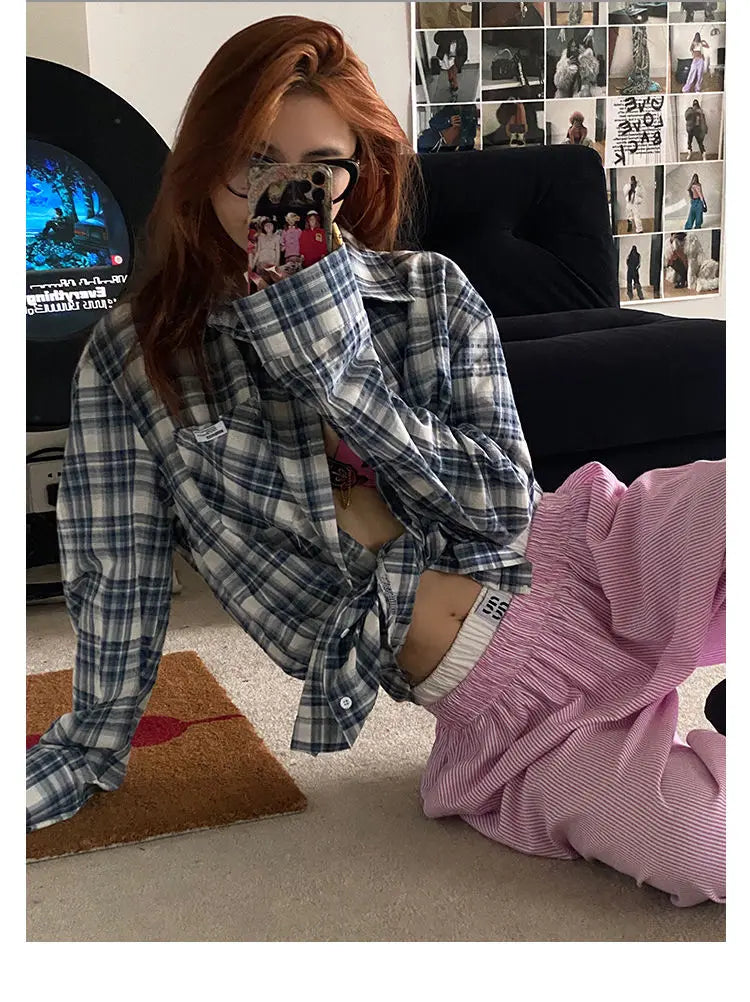 Aiertu  -  Blue Stripe Pants Women Y2k Fake Two Piece Wide Leg Sweatpants Baggy Kpop Sport Trousers Hip Hop Harajuku Summer Bottoms Aiertu