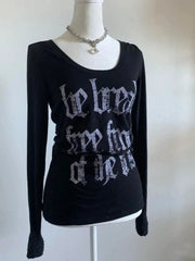 Aiertu  -  Y2k Spicy Girl Classic Letter Printed Black Splicing Long Sleeves Vintage Slim Fit Comfortable T-shirts Autumn New Base Tops Aiertu