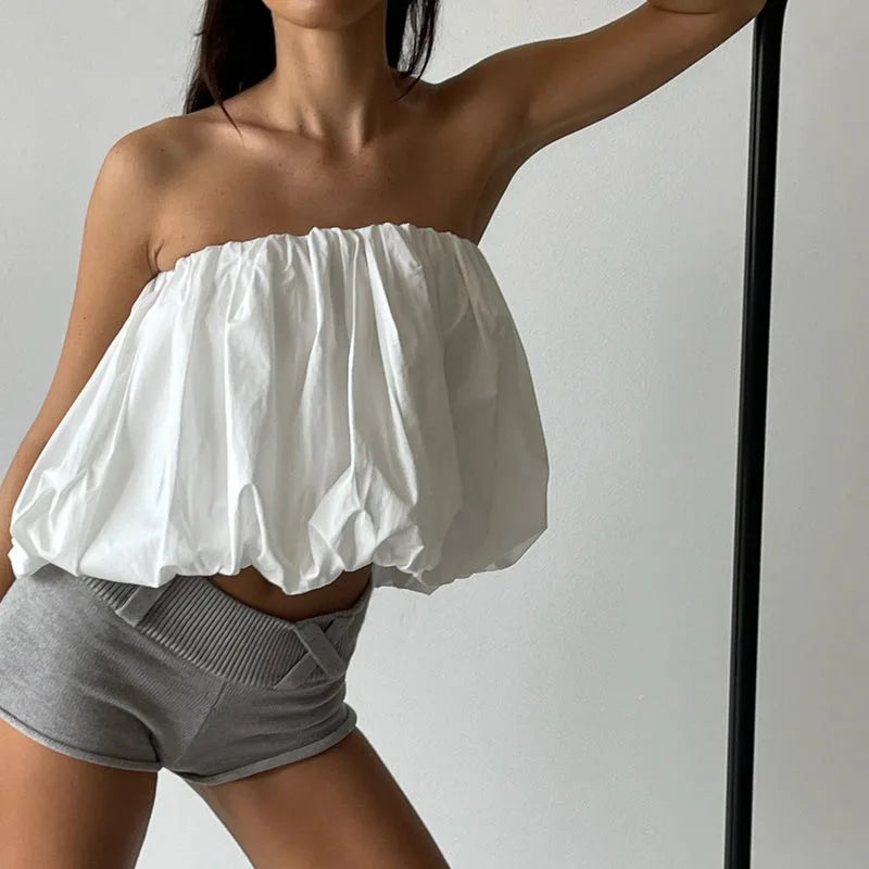 Aiertu  -  Solid Sexy Strapless Two-Way Crop Top Skirt For Women Summer Fashion Sleeveless Folds Off Shoulder Hot Girl Club Vestido Aiertu