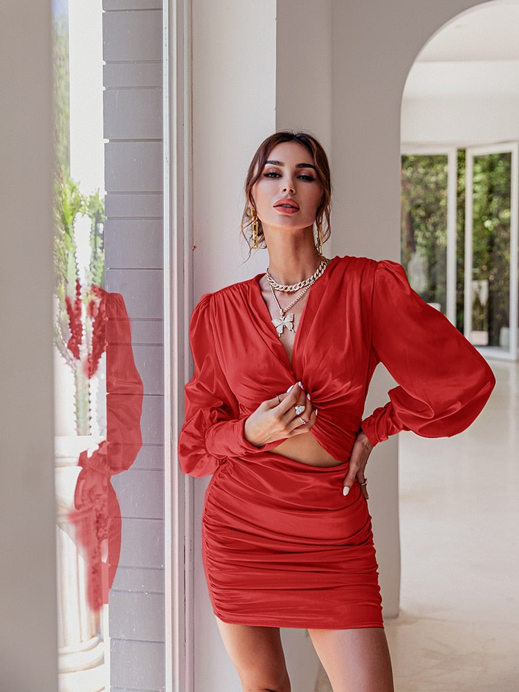 Aiertu  Sexy deep v neck bodycon dress Party club hollow out mini dress Elegant winter autumn chic lantern sleeve satin dress Aiertu