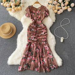 Aiertu  -  Casual Summer V Neck Butterfly Sleeve Print Robe Slim French Style Vintage Bodycon Mujer Mermaid Drawstring Lace Up Dress Aiertu