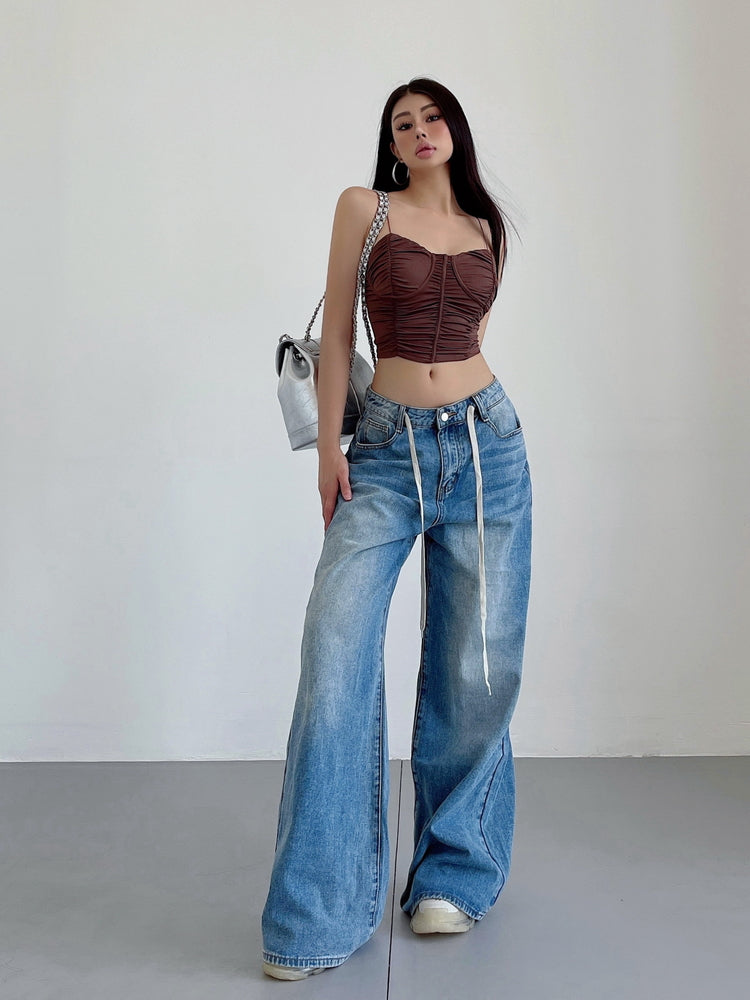 Aiertu Denim Blue Washed Low Rise Straight Leg Jeans Pants Aiertu
