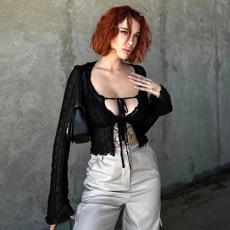 Aiertu  -  Crew Neck Sheer Mesh Low Cut Long Sleeves Bandage Lace Up T-Shirt Crop Top Spicy Girl Vintage Fashion Autumn Streetwear Aiertu