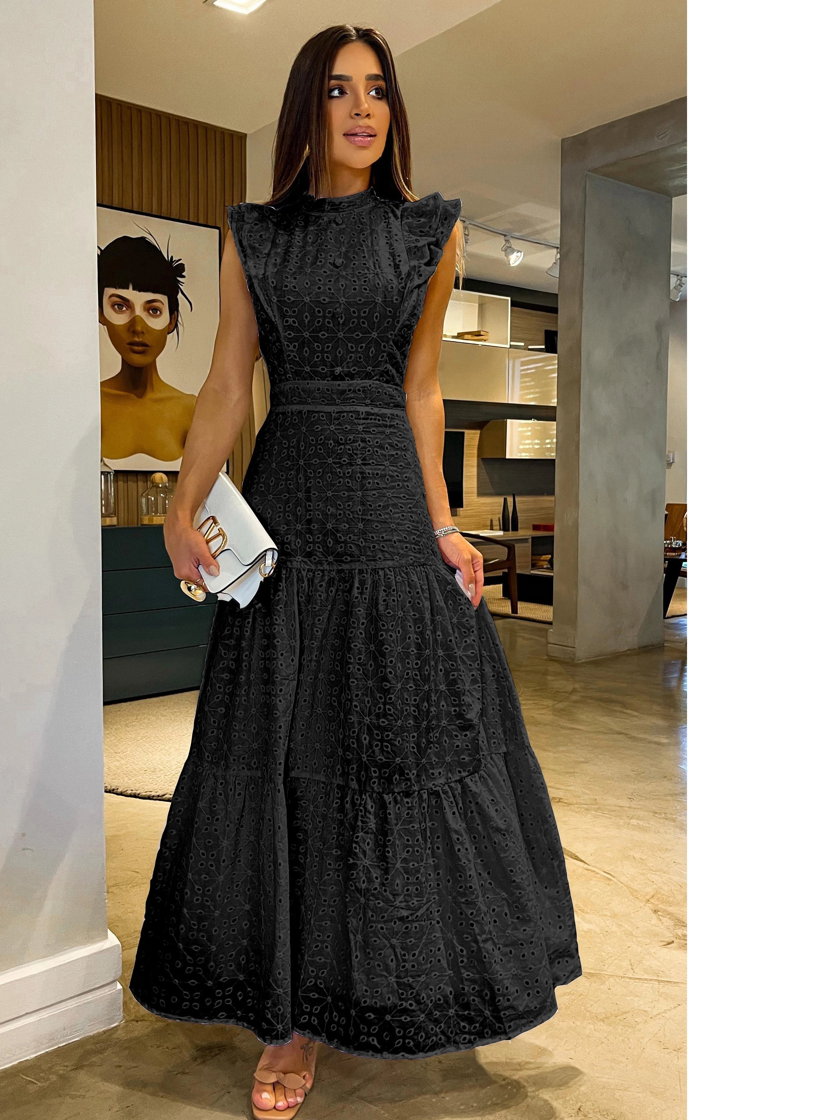 Aiertu  Bohemian Solid Hollow Out Elegant Women Dress O Neck Flying Sleeve Button Long Dress Summer Chic Casual Beach Women Clothing Aiertu