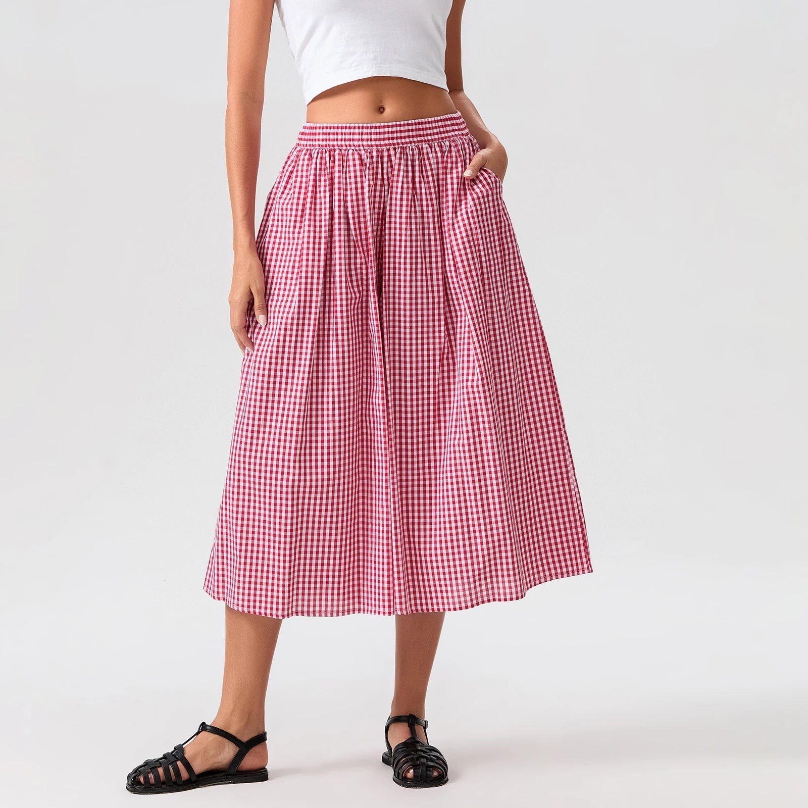 Aiertu  -  Women Summer Plaid Print Capri Culottes Elastic Waistband Wide Leg Loose Side Pocket Casual Pull On Trousers Aiertu