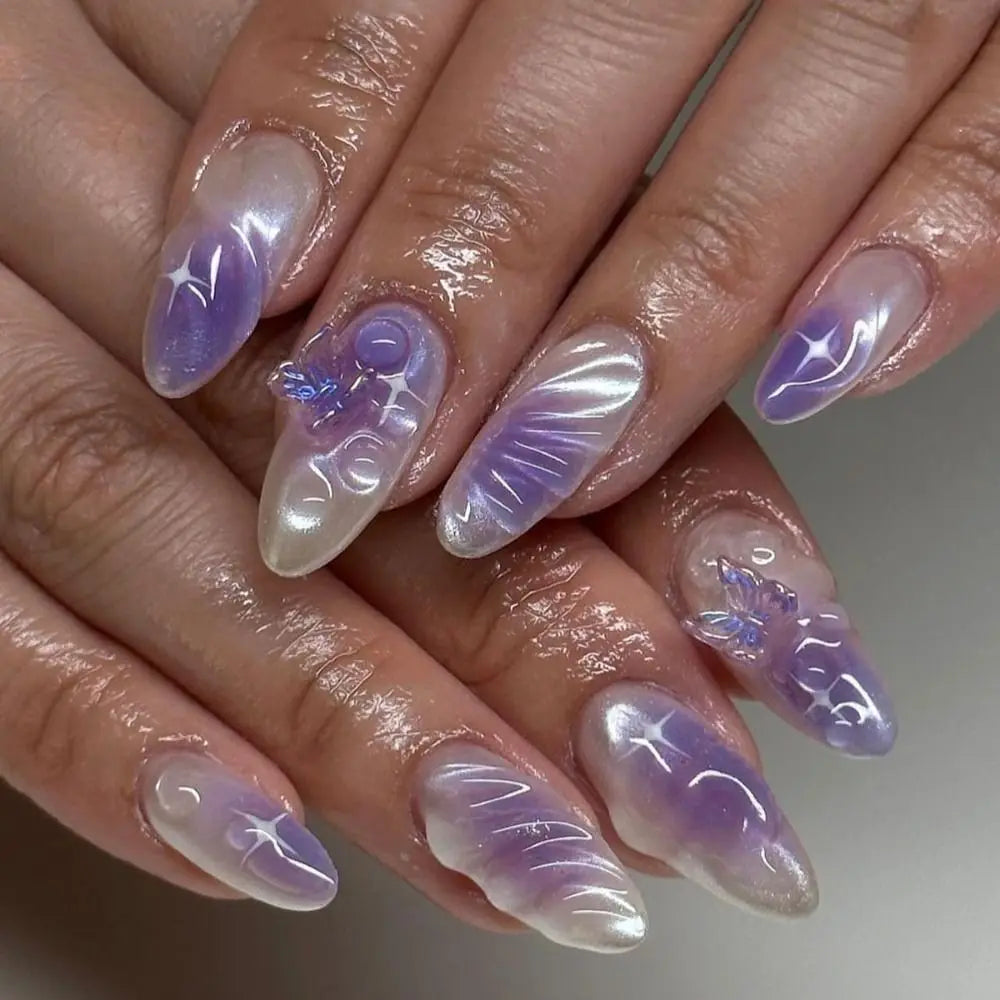 Aiertu  -  Manicure Long Almond False Nails Elegant 3D Butterfly Love Heart Press on Nails Star Detachable Nail Tips Women Aiertu