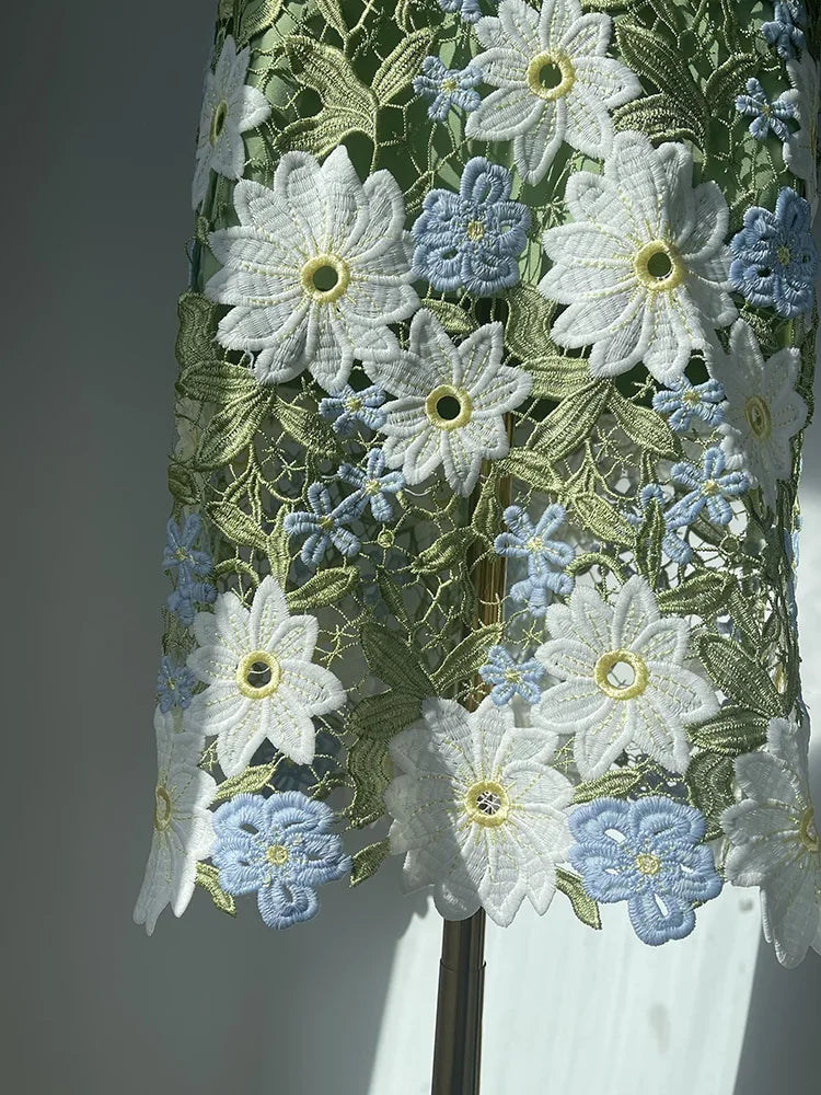 Aiertu  -  Floral-Embroidered Lace Green Pencil Skirts High Quality Hollow Out Knee-Length A-line Skirt Vintage Women Elegant Clothes Aiertu