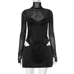 Aiertu  -  Sexy Women Mesh Turtleneck Mini Dress Fashion Patchwork Long Sleeve Satin Cut Out Dress Bodycon Short Club Party Dresses Aiertu