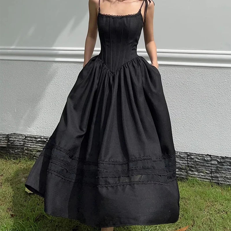 Aiertu  -  2025 Women Sexy Spaghetti Straps Black White Midi Long Dress Lace Trim Low Waist A-line Elegant Lady Dresses Summer Cotton Robe Aiertu