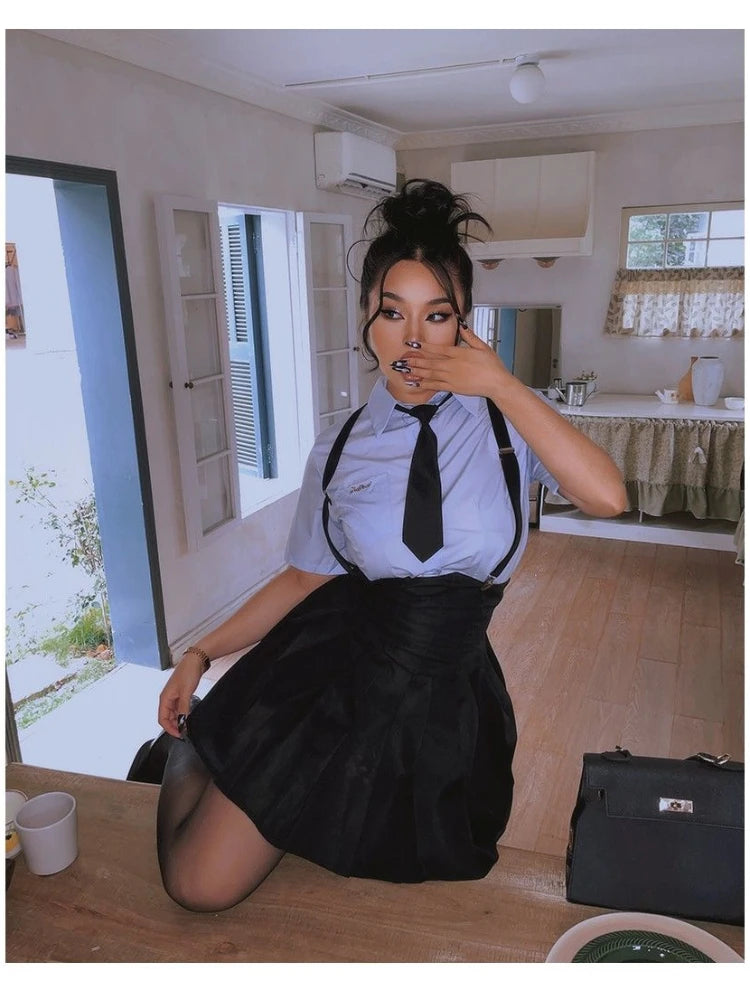 Aiertu  -  Preppy Style Pleated Skirt Sets Women Streetwear Vintage Korean Fashion Two Piece Suits Y2k School Uniform Summer Aiertu