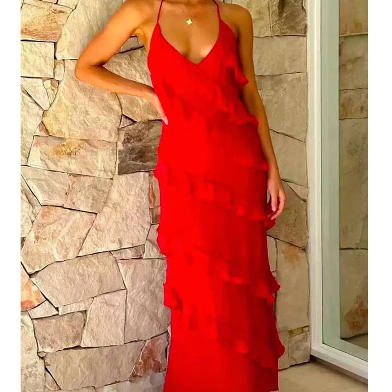 Aiertu  -  High Street Women Sexy Backless Red Halter Ruffle Dress Summer Elegant Party Long Dresses A-line Maxi Vestidos Aiertu