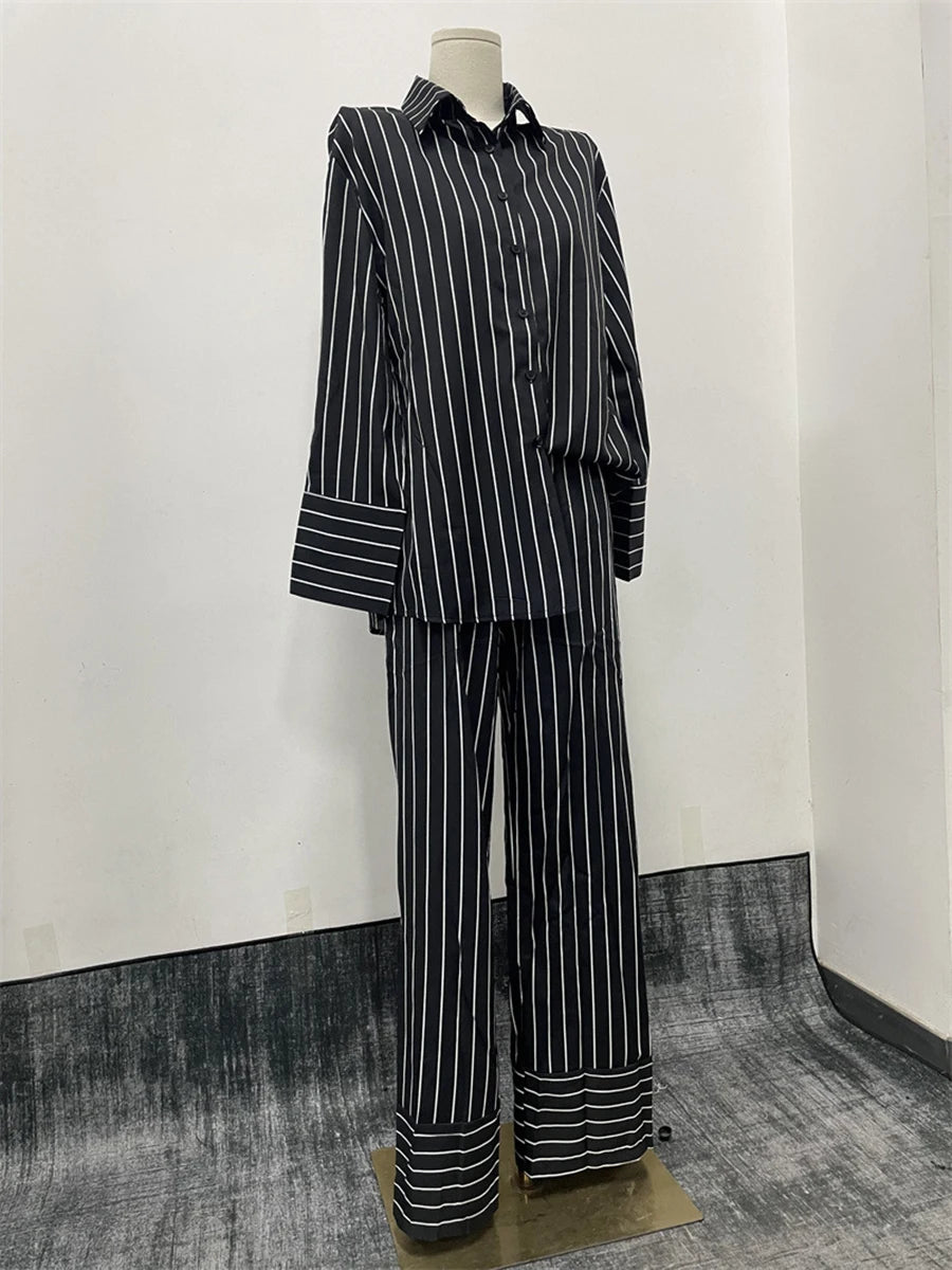 Aiertu  -  Black Striped Pants Sets Women Spring Single Breasted Long Sleeve Blouse+Wide Trouser Suits Elegant Casual Fashion 2 Piece Set Aiertu