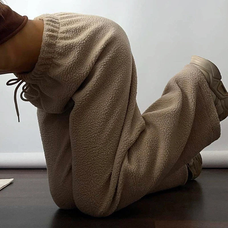 Aiertu  -  Winter Style Warm Women's Harajuku Casual Loose Fit Lamb Wool Solid Drawstring Elastic Waist Lacing Wide Leg Straight Pants Aiertu