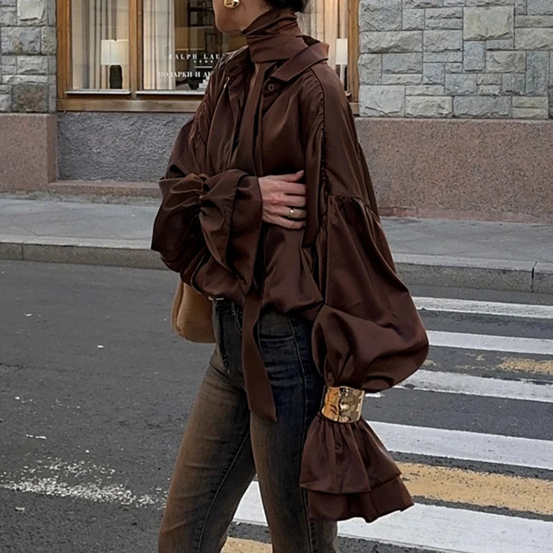 Aiertu  -  cold weather outfits Fashion Flare Sleeve Blouse Shirt with Scarf Y2K Women Vintage Brown Oversized T-shirt Casual Top Autumn Streetwear Aiertu