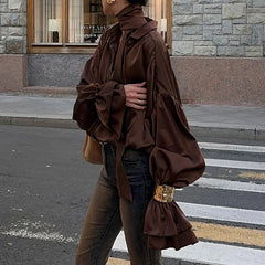 Aiertu  -  cold weather outfits Fashion Flare Sleeve Blouse Shirt with Scarf Y2K Women Vintage Brown Oversized T-shirt Casual Top Autumn Streetwear Aiertu