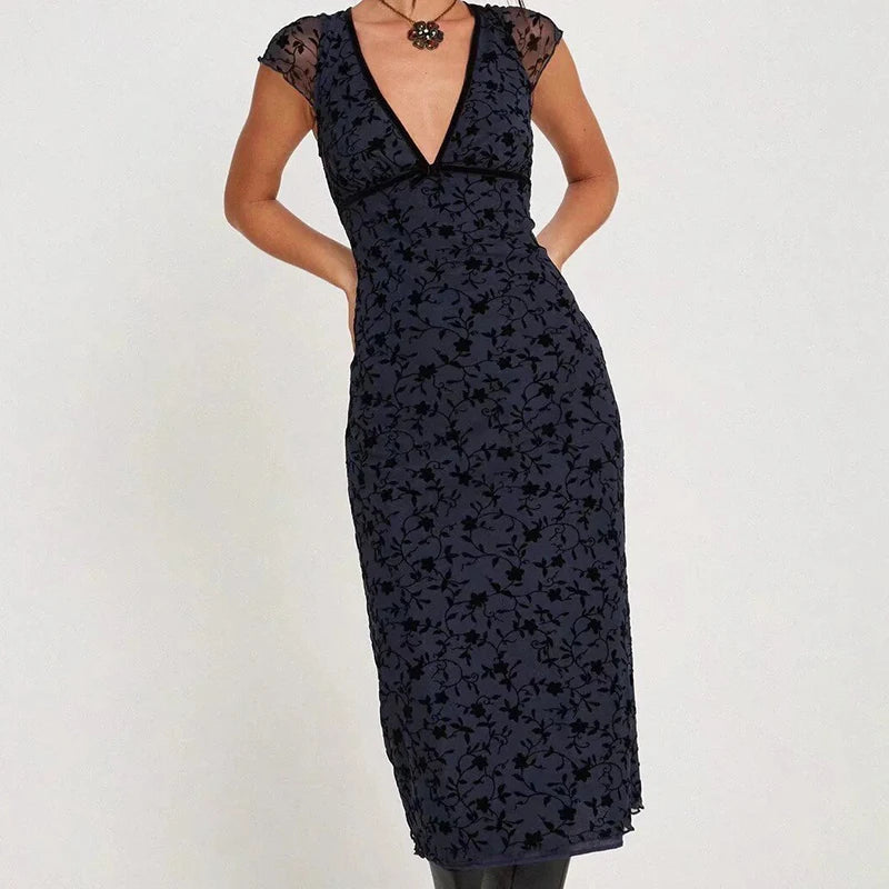 Aiertu  -  Summer Women Navy Blue Short Sleeve V Neck Floral Print Dress High Waist A-line Midi Mesh Vintage Dresses French Style Robe Aiertu