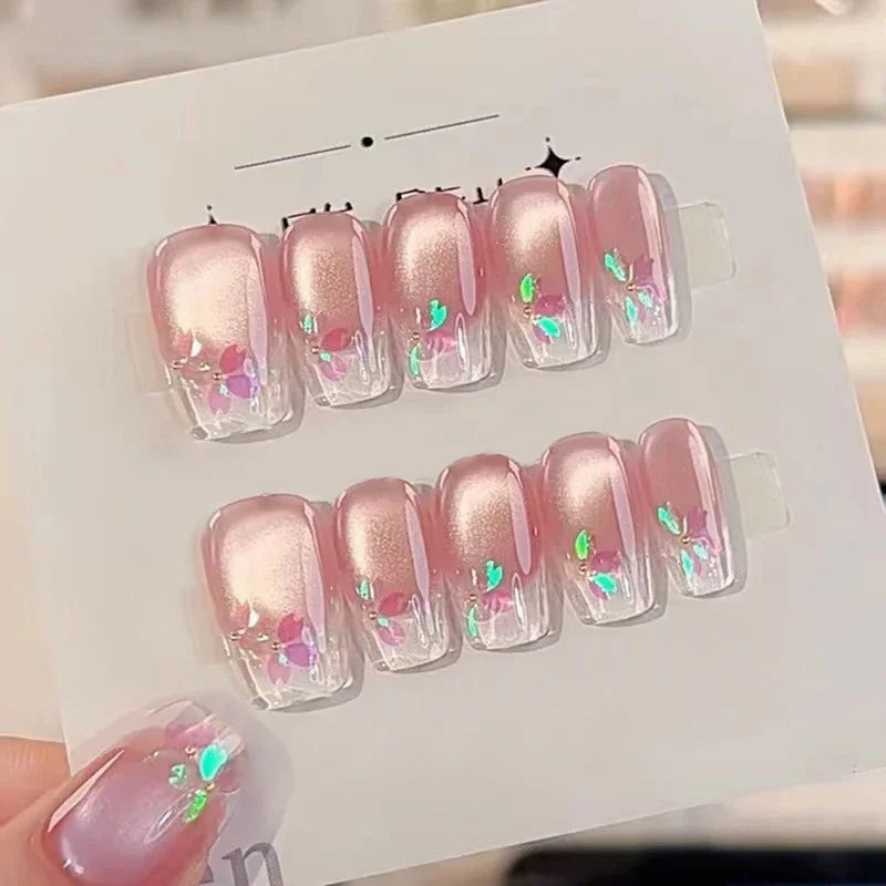 Aiertu 10pcs Aurora Cat Eye Coffin Handmade Press on Nails Cherry Blossom False Nails Sweet French Tip Nail Art Wearable Manicure Nails Aiertu