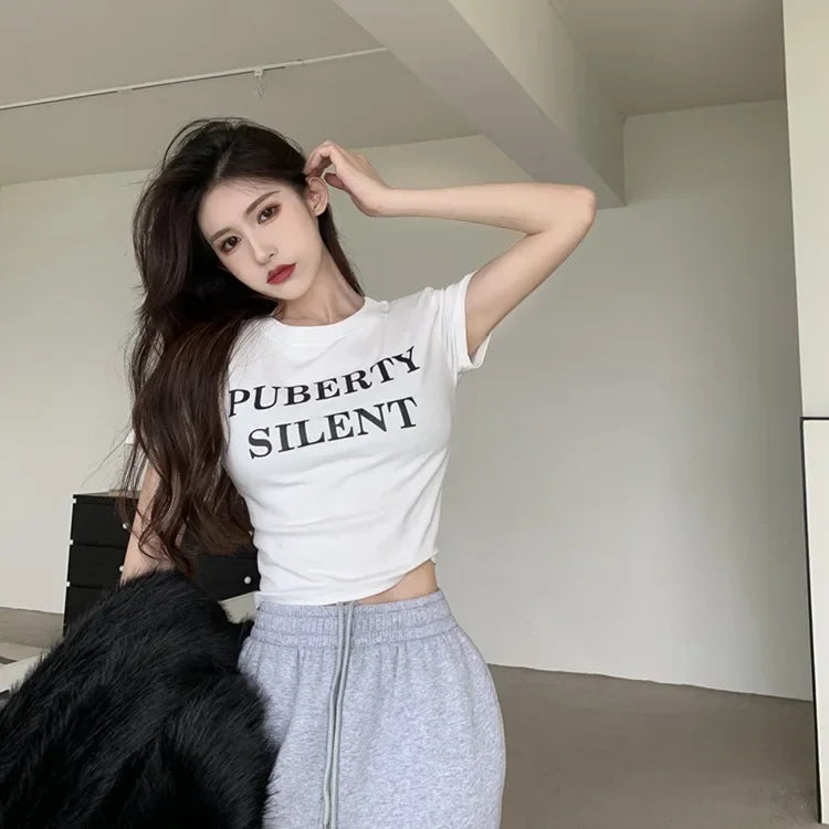 Aiertu  -  Short Sleeved T-shirt Women's Short Base Shirt 2026 Spring and Summer Slimming Slim Fit Letter White Student Top Female Clothes Aiertu