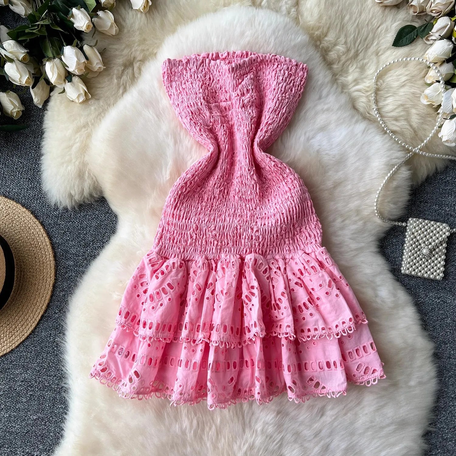 Aiertu  -  Summer Hollow Out Embroidery Cake Dress Women Sexy Beach Strapless Halter Stretch Cotton Spliced Layer Lace Trims Mini Vestidos Aiertu