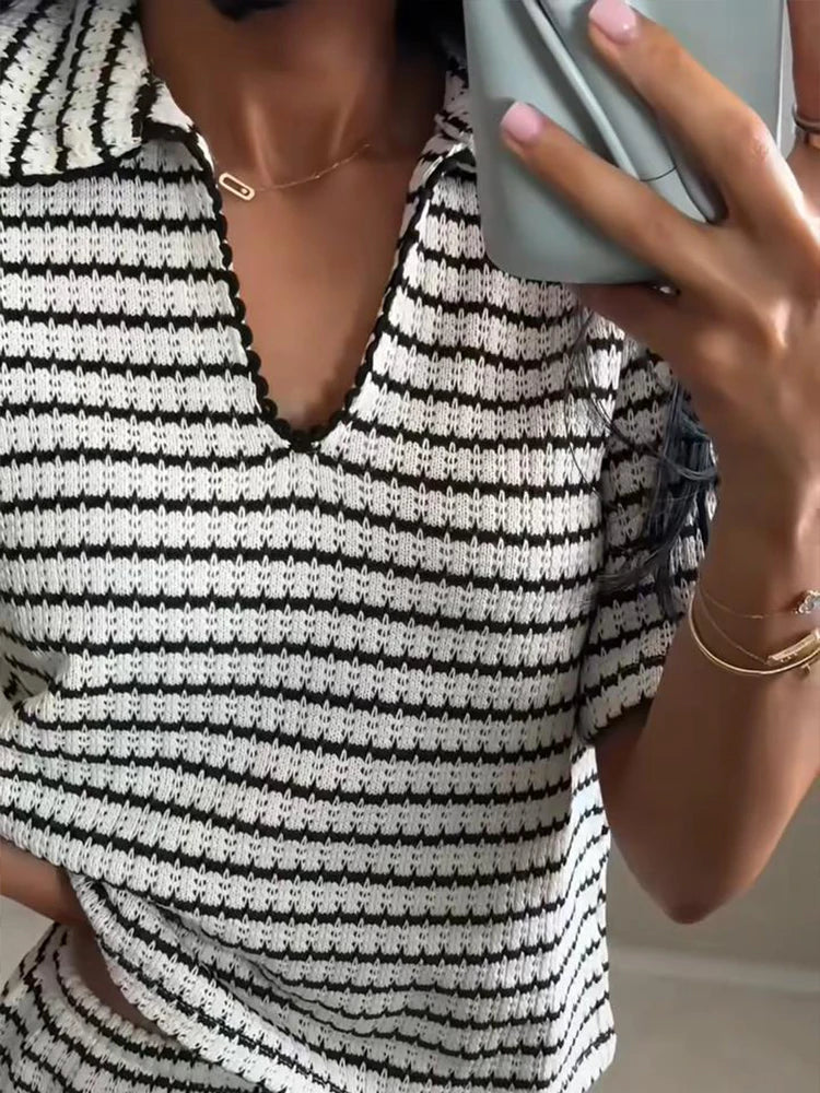 Aiertu  -  Striped Knitted Pullover Pants Sets Women Polo Collar Short Sleeve Tops Straight Trousers Suits Commute Summer 2026 Loose Outfit Aiertu