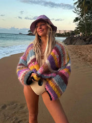 Aiertu  -  Women Rainbow Striped Loose Knitted Cardigans Fashion Long Sleeved Casual Cropped Sweaters Autumn Female Street Outwear 2026 Aiertu