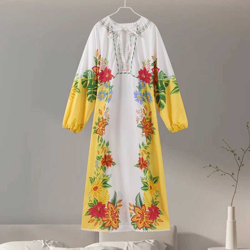 Aiertu  -  Print Linen Dress Women Elegant Loose Lace Up V Neck Vintage Vestidos Female Summer Long Sleeves Fashion High Waist Robe Aiertu