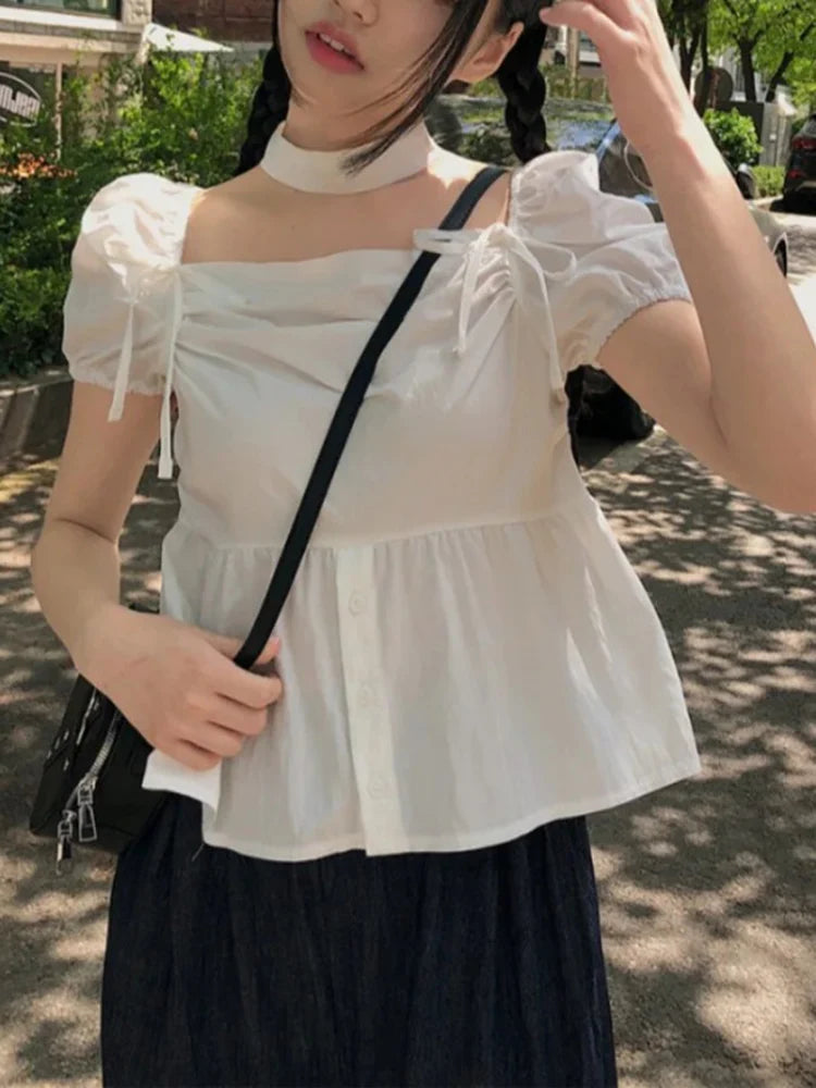 Aiertu  -  Summer Sweet Square Collar Women's Pullover Chiffon Shirt Fashion Folded Lace Bow Versatile Female Slim Fit Fluffy Sleeve Shirt Aiertu