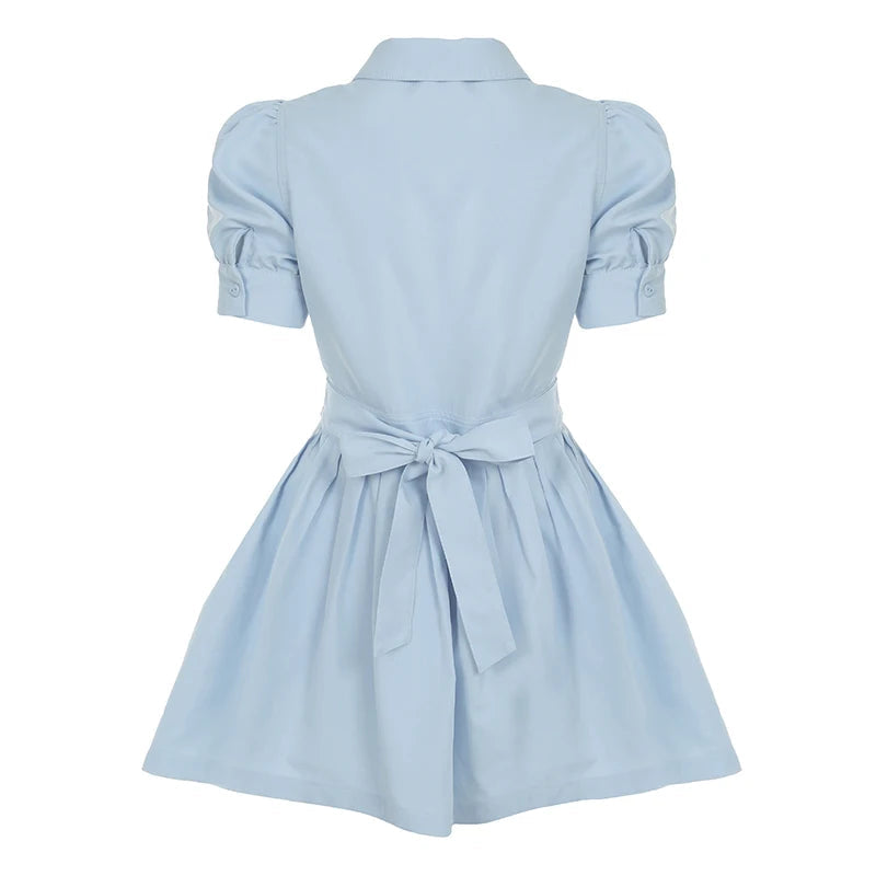 Aiertu  -  Fashion Solid Ruched Button A-Line Pleated Women Dresses Puff Sleeve Slim Fit Design Summer Sweet Frocks Aiertu