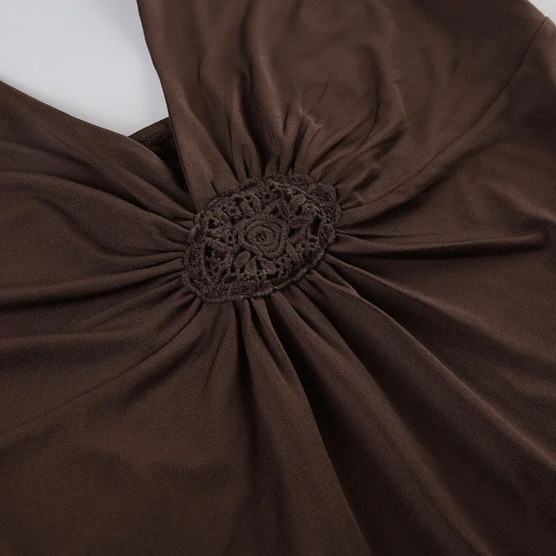 Aiertu  -  Brown Embroidered V Neck Backless Halter Top 2000s Clothes Y2k Vintage Sexy Tank Tops Women Summer 2025 Aiertu