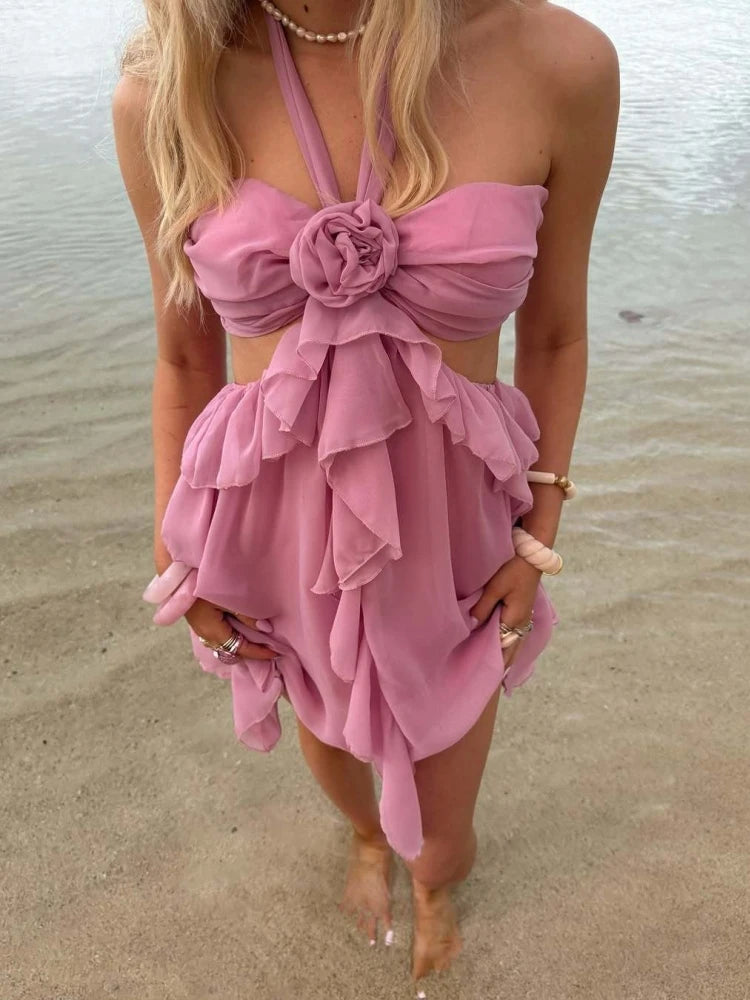 Aiertu  -  Pink 3D Floral Bandage Sleeveless Summer Dress Women Sexy Strapless Backless Mini Dress Beach Ladies Holiday Sundresses 2025 New Aiertu