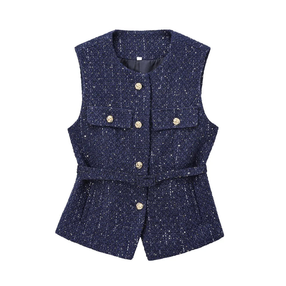 Aiertu  -  Women Blue Tweed Waistcoat With Belt Sleeveless Female Outerwear PS0138 Aiertu