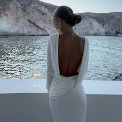 Aiertu  -  Elegant Long Sleeve Sexy Backless Maxi Dress Party Club Robe Autumn Outfits Ruched Draped Gown Dresses Vestido Aiertu