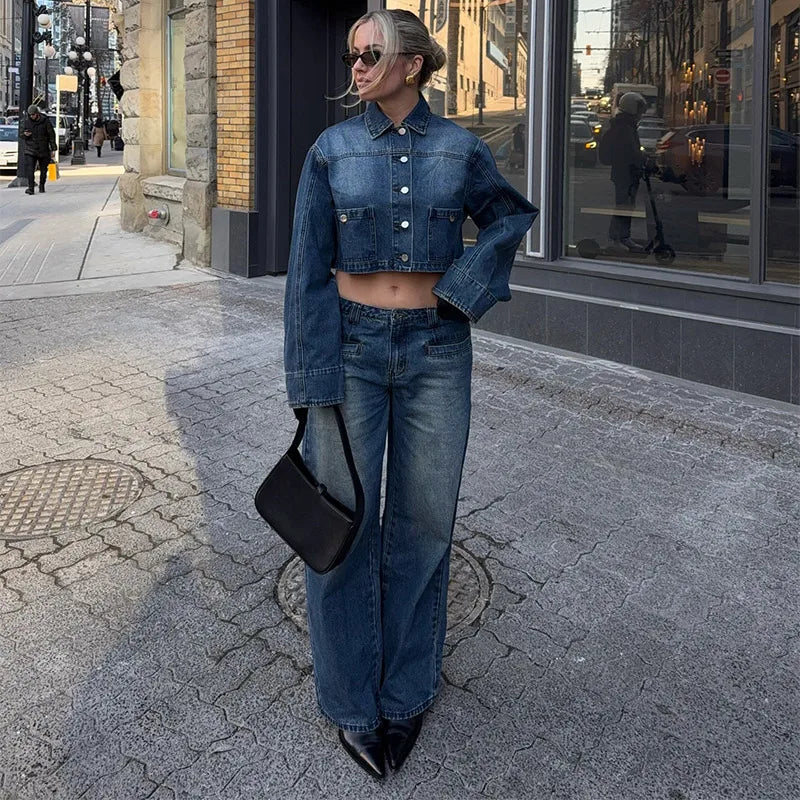 Aiertu  -  Lapel Single-breasted Woman's Denim 2 Piece Sets Vintage Soild Waistless Denim Short Tops Straight Baggy Low Rise Jeans Pants Aiertu