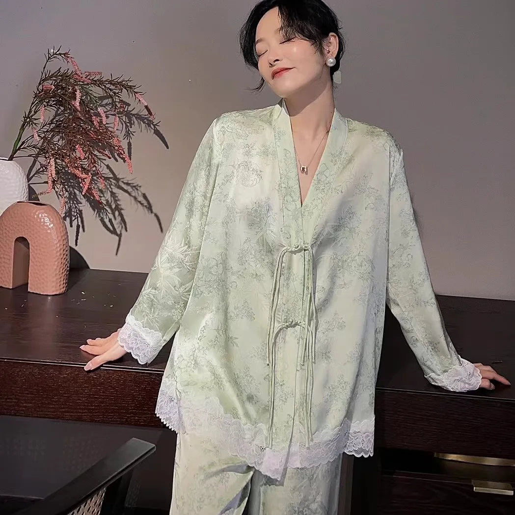 Aiertu  -  Women's Satin Pajama Set Long Sleeve Spring Autumn Ladies Sleepwear 2 Pcs with Pant Silk Like Lace Patchwork Pijama Suit Female Aiertu