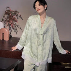 Aiertu  -  Women's Satin Pajama Set Long Sleeve Spring Autumn Ladies Sleepwear 2 Pcs with Pant Silk Like Lace Patchwork Pijama Suit Female Aiertu
